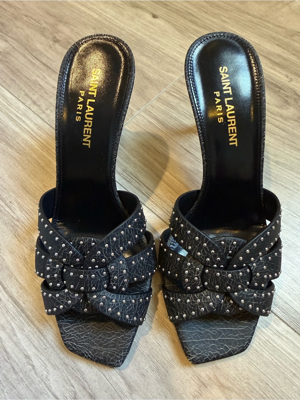 Saint Laurent Black Studded Braided Slide Mules